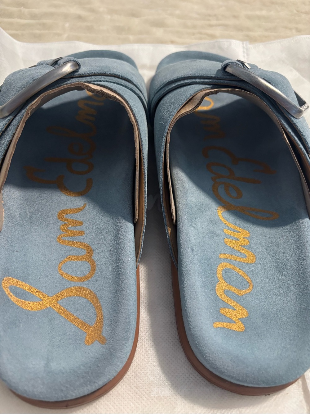 Sam Edelman ‘Darla’ Coastal Blue Suede Big Buckle Slide Sandals - Picture 4 of 6